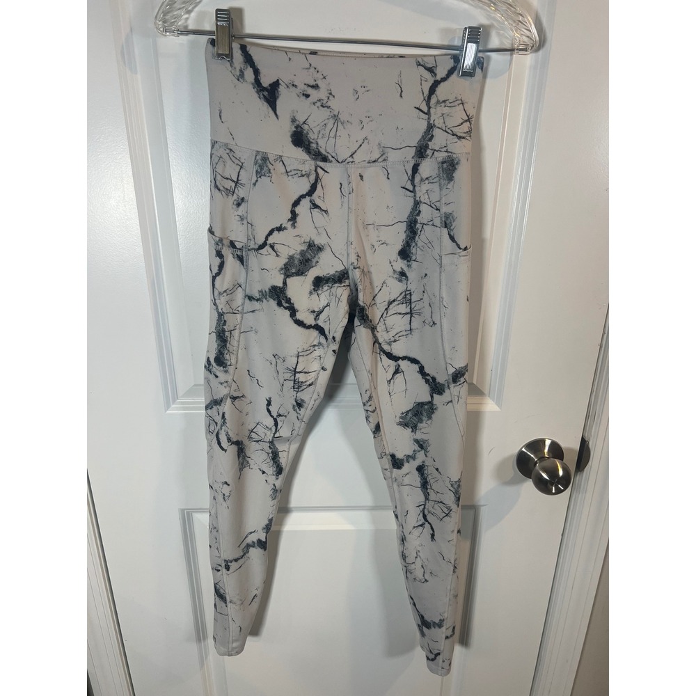 OUGES Womens Leggings High‎ Waisted Marble Print White Black Size S